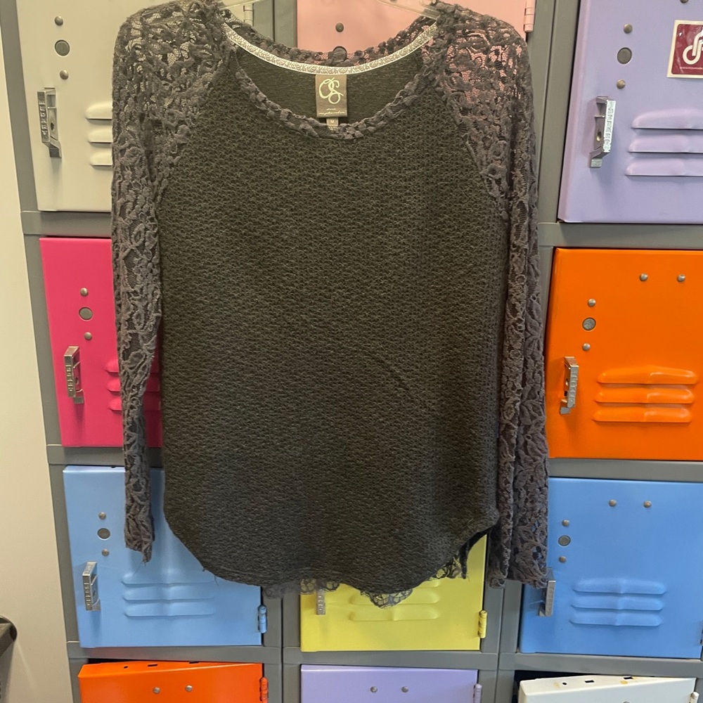 Anthropologie One September Charcoal Lace Sleeve Sweatshirt, M